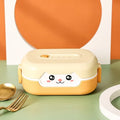 Square divided plastic lunch box in dark blue, orange yellow, and pink and green colours.