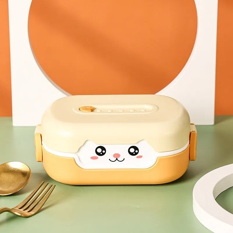 Square divided plastic lunch box in dark blue, orange yellow, and pink and green colours.