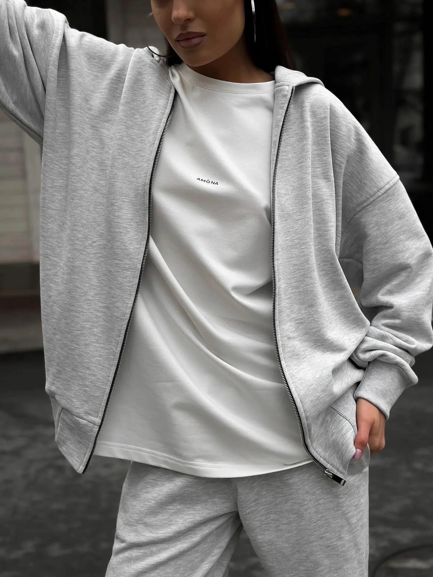Women's street style long-sleeved coat and trousers two-piece set in loose fit polyester fabric