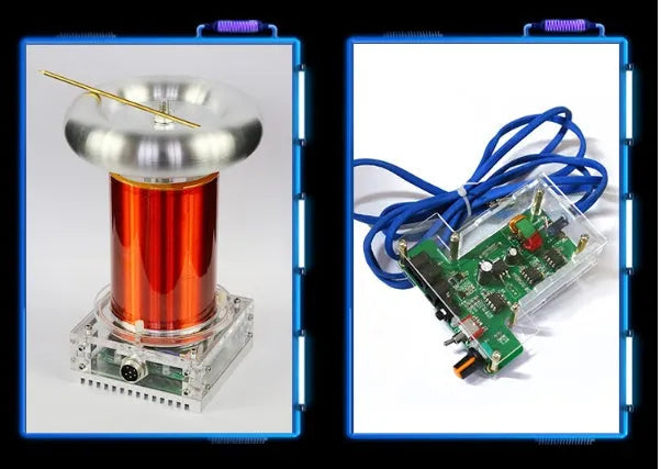 Aluminium Tesla coil driver board with controller producing electrical arc display