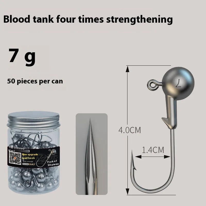 50-piece pack of steel jig fishing hooks with lead heads in three construction types including enhanced strength version