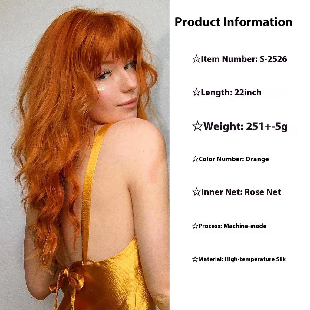 Women's big wavy bangs synthetic wig in orange high temperature fibre natural style