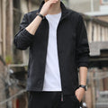 Korean-style men's loose lapel autumn jacket in a casual blue colour with zippered pockets.