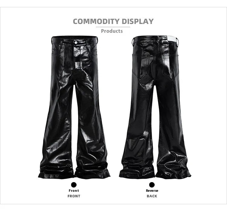Black shiny patent leather skinny jeans with straight leg cut and mid waist fit