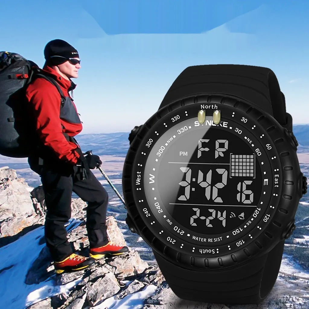 Black men's waterproof outdoor electronic watch with large dial and plastic case