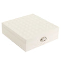 Red and white PU leather jewellery storage box with multiple compartments for necklaces and rings