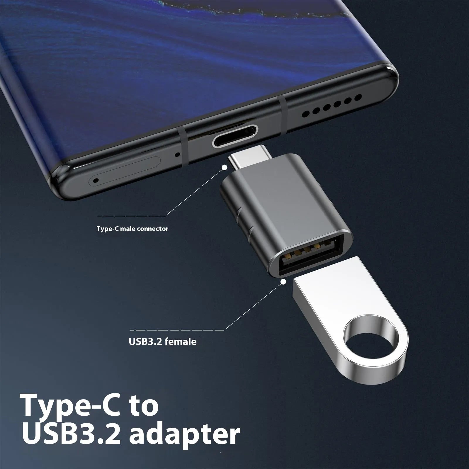 USB converter adapter with zinc alloy shell in various colours including silver, gold, and pink.