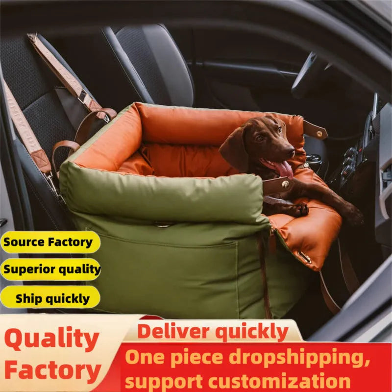 Green waterproof PU leather dog car nest with removable bed, showing 55x50x45cm dimensions.