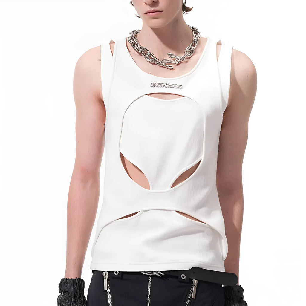 Men's black sleeveless waistcoat vest with hollow knit design and round neck collar