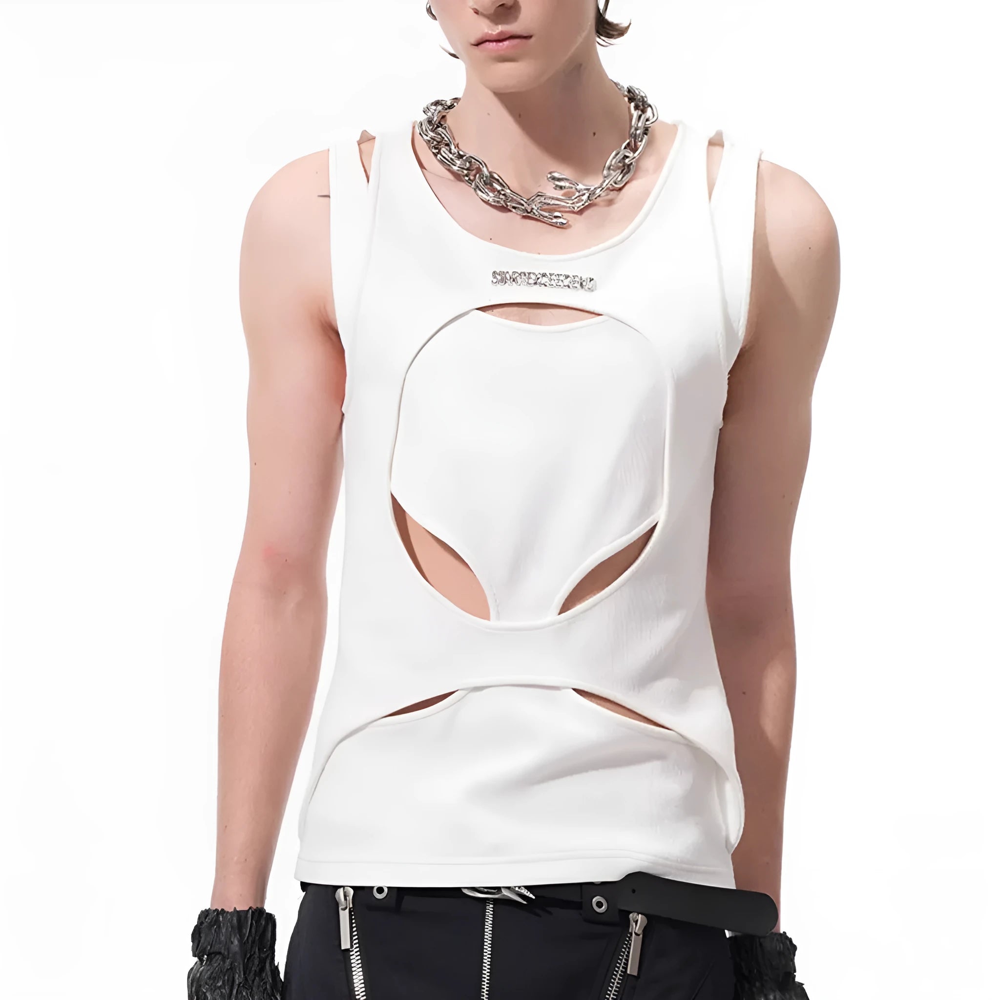 Men's black sleeveless waistcoat vest with hollow knit design and round neck collar