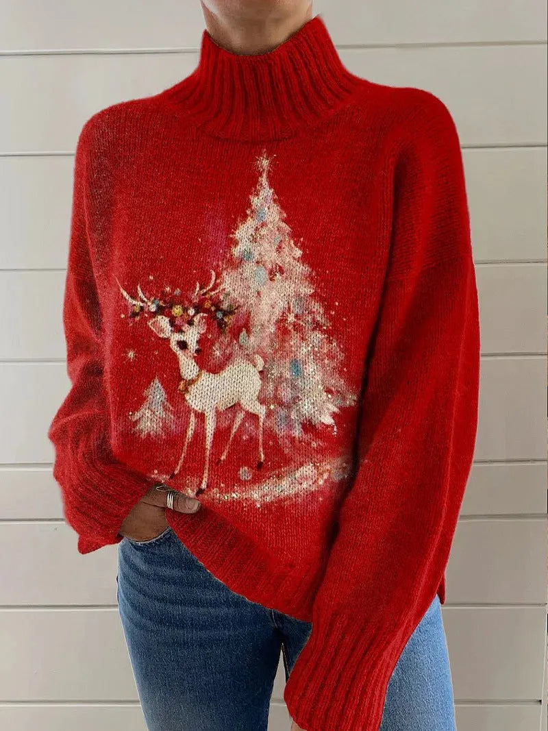 Women's Christmas pattern printed turtleneck sweater in macaron colours with long sleeves