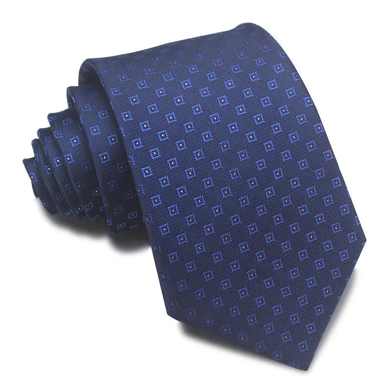 Men's red, black, and blue striped jacquard tie with an arrow shape and 8cm width.