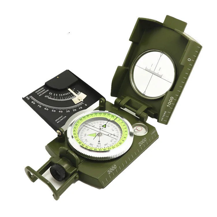 K4074 metal professional outdoor compass with hanging rope and ring, showing scale.