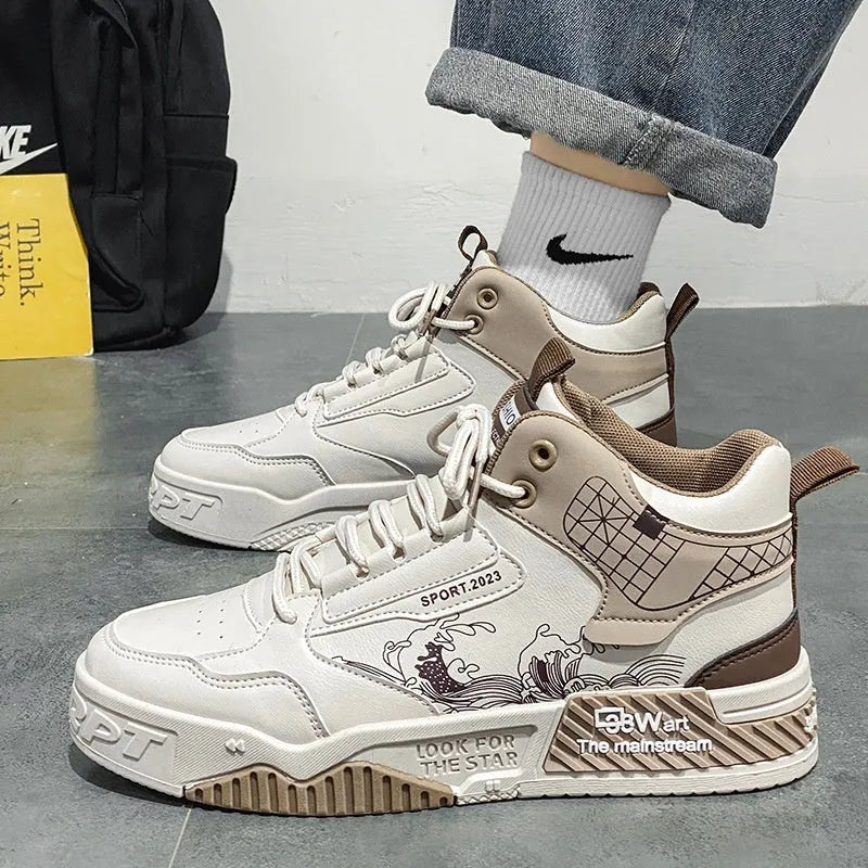 Men's high-top casual board shoes in beige, white, and blue with flat rubber soles and lace-up front