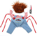 Striped Halloween costume set for pet dog or cat, showing pants, harness, and toy knife accessory.