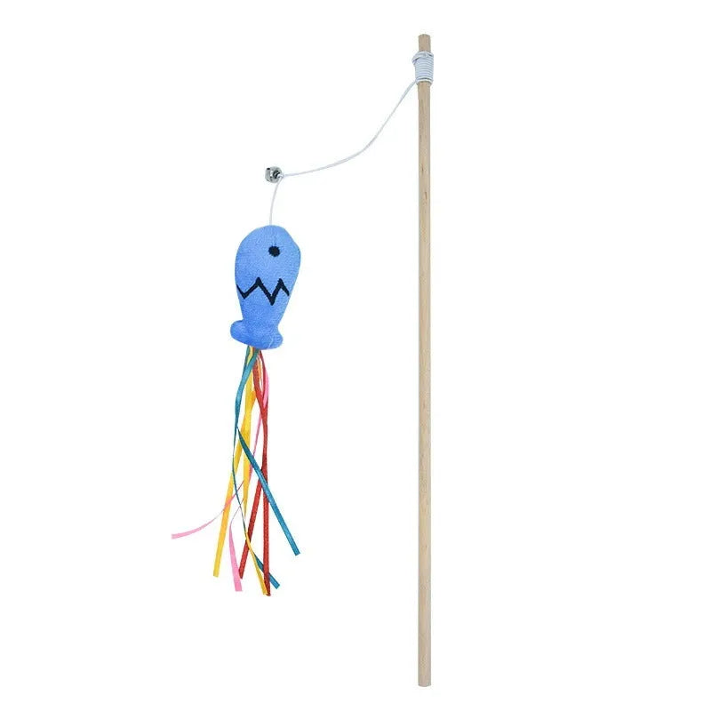 Colourful cat wand toy with ribbons, catnip fish, and bell on a wooden handle.