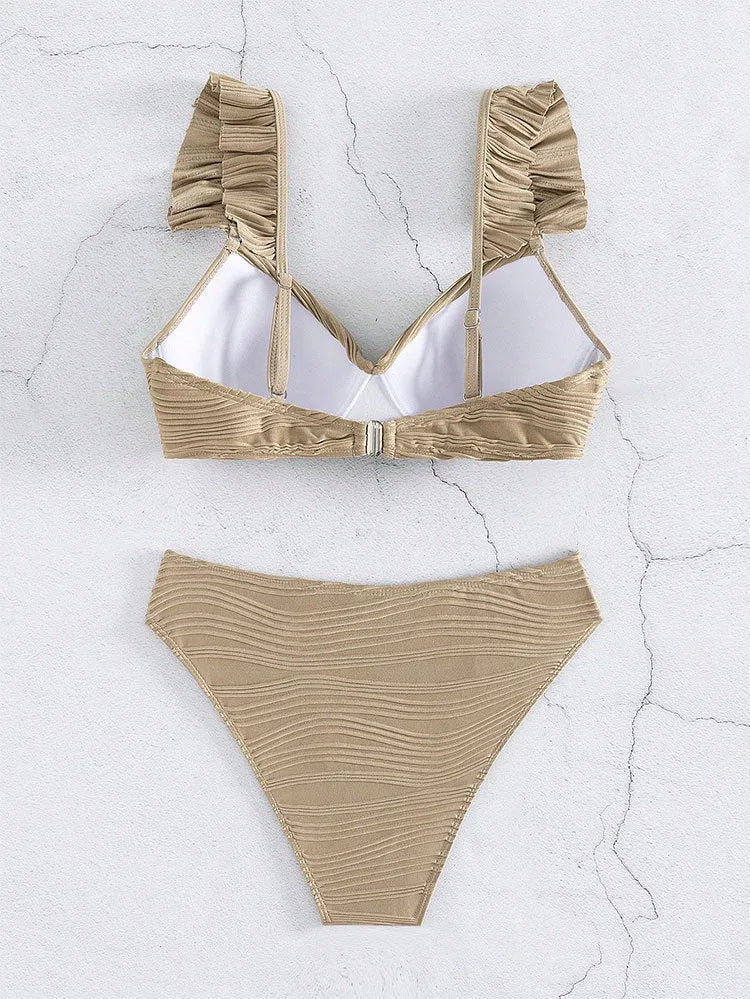 Women's solid colour bikini swimsuit set shown in black and khaki options.