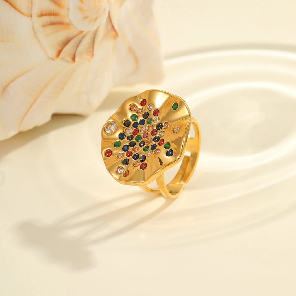 Geometric pleated titanium steel ring with colourful crystals and adjustable open mouth design