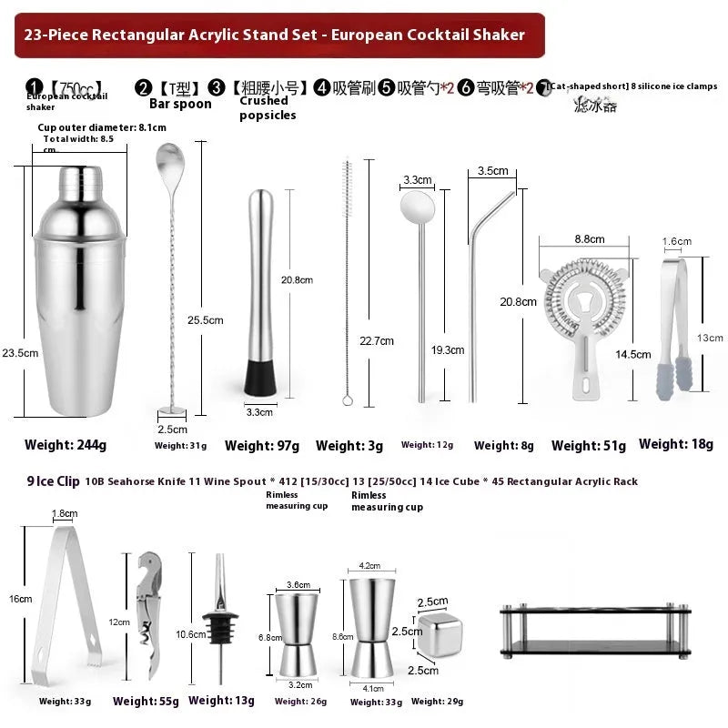 European style 23-piece stainless steel cocktail set with bartending tools on home bar
