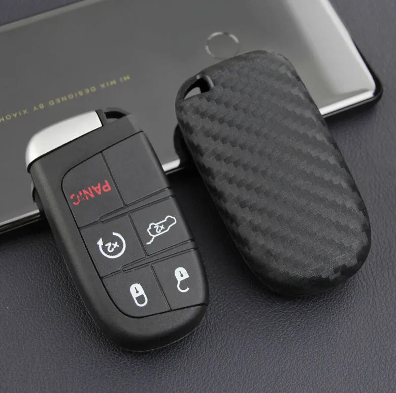 Silicone key protection case for Dodge Chrysler Fiat remote keys in carbon fibre design