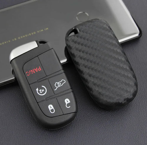 Silicone key protection case for Dodge Chrysler Fiat remote keys in carbon fibre design