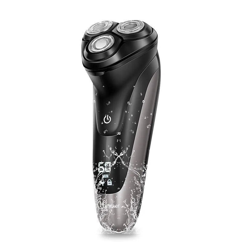 Electric shaver with three floating cutter heads, pop-up sideburn trimmer and LED display