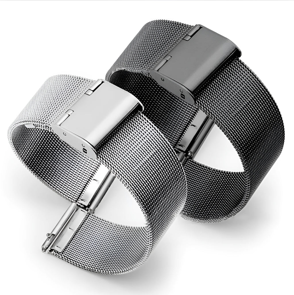 Silk-textured stainless steel watch band in multiple width sizes and metal colours