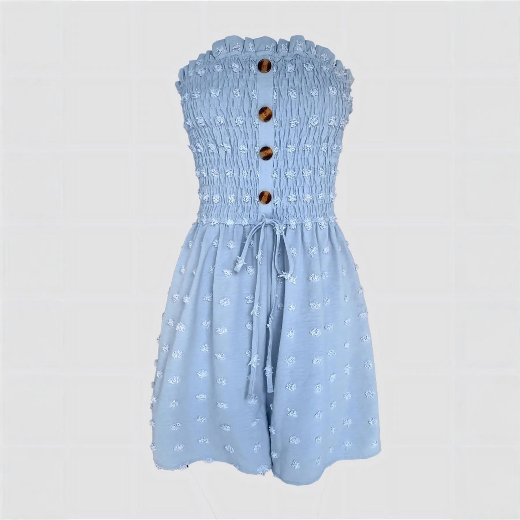 Women's solid colour off-shoulder sleeveless jumpsuit in blue showing Japanese Korean casual style with button detail
