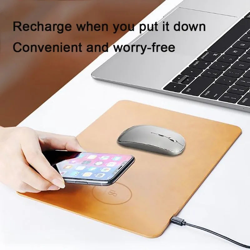 Brown leather wireless charging mouse pad with Micro USB cable for desk charging