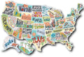 Travel-themed car body sticker set with map design and individual letter decals on white background
