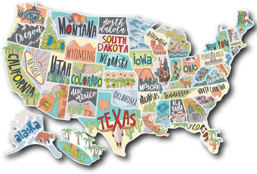 Travel-themed car body sticker set with map design and individual letter decals on white background