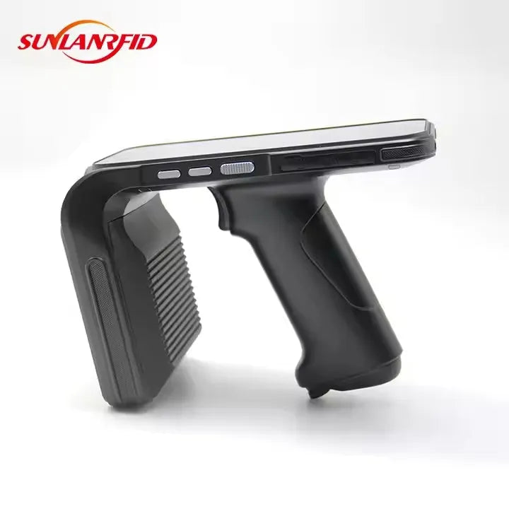 SLP-05 black handheld Android UHF RFID scanner with integrated reader and display screen.