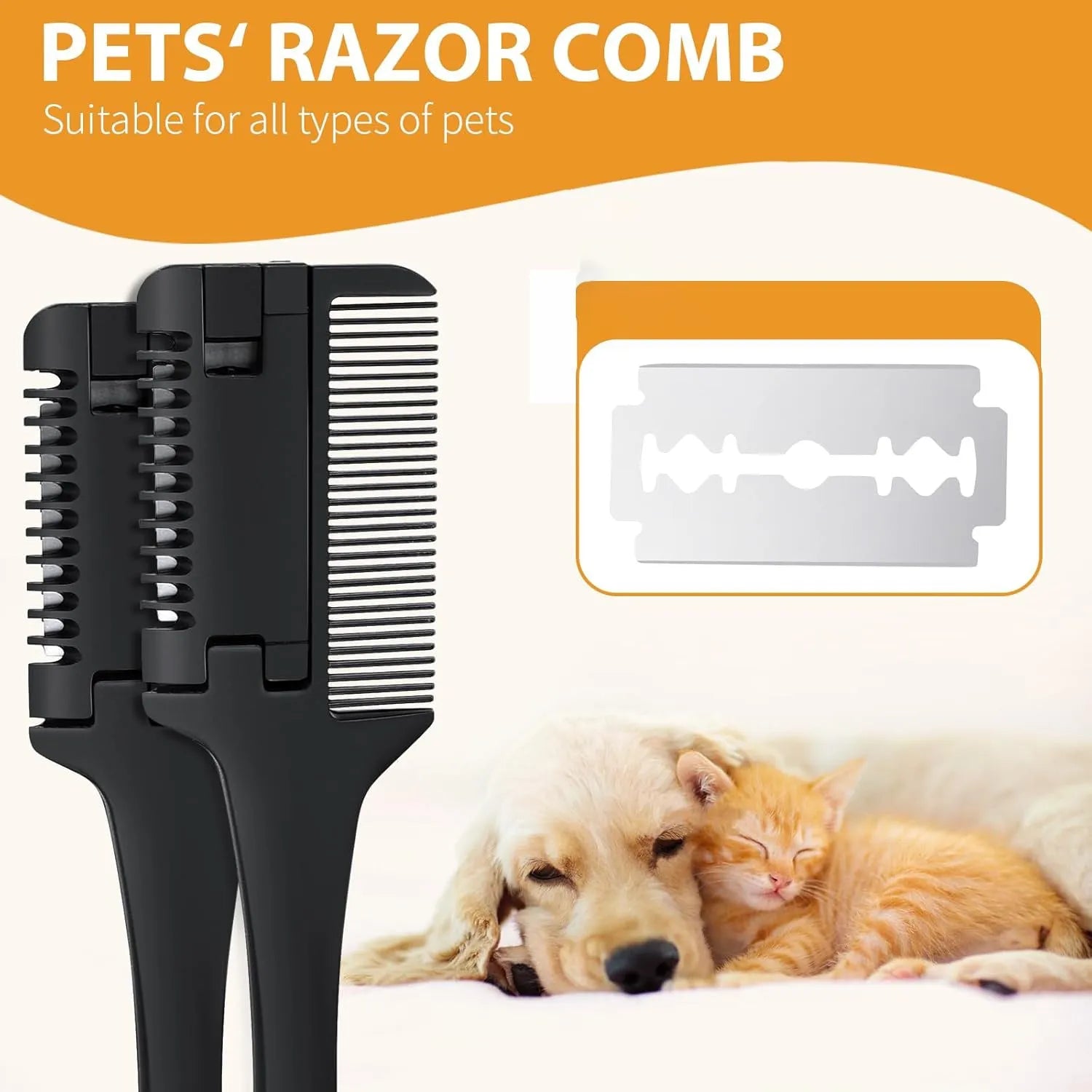 Pet razor comb for dogs and cats with replacement blades on a white background