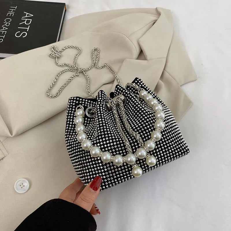 Western style diamond detailing soft PU bucket crossbody bag with chain strap