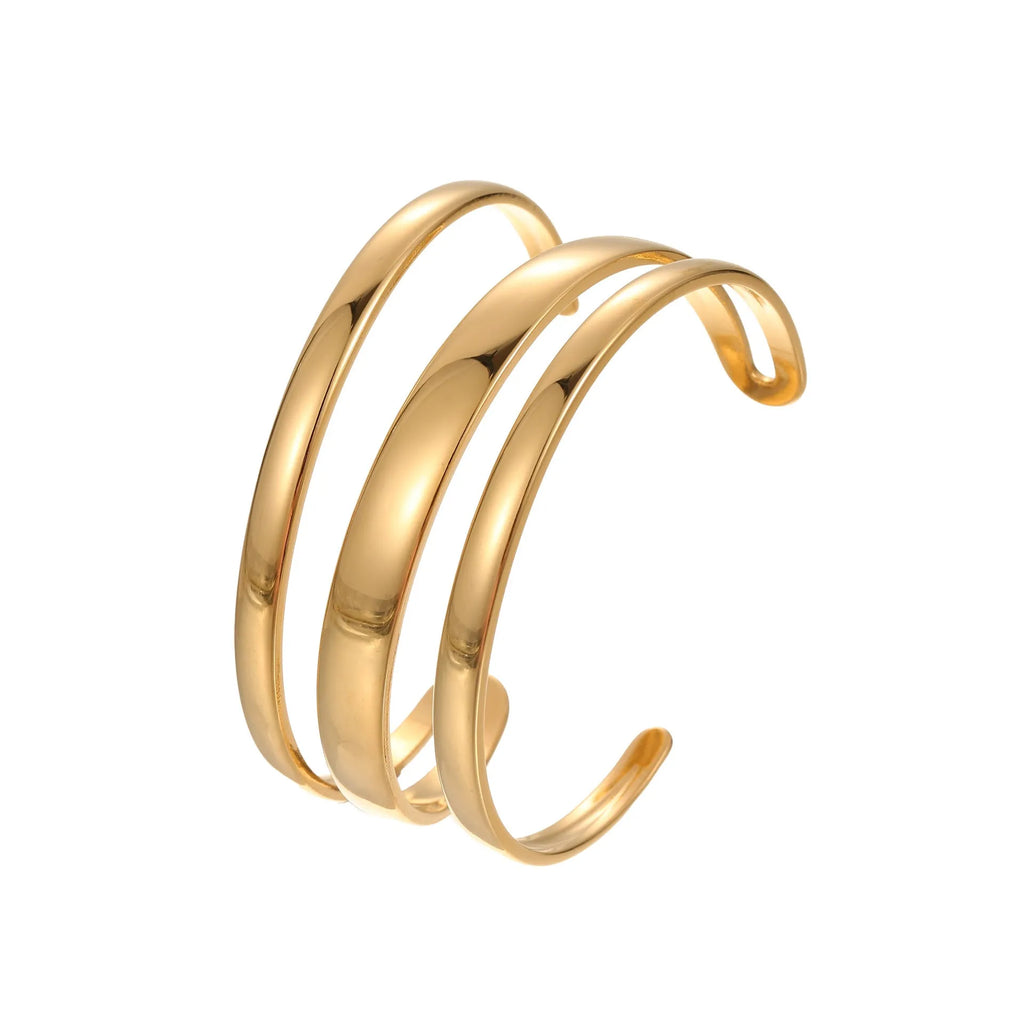 Geometric line design stainless steel women's bracelet with a simple opening clasp, shown in gold and steel colour options.