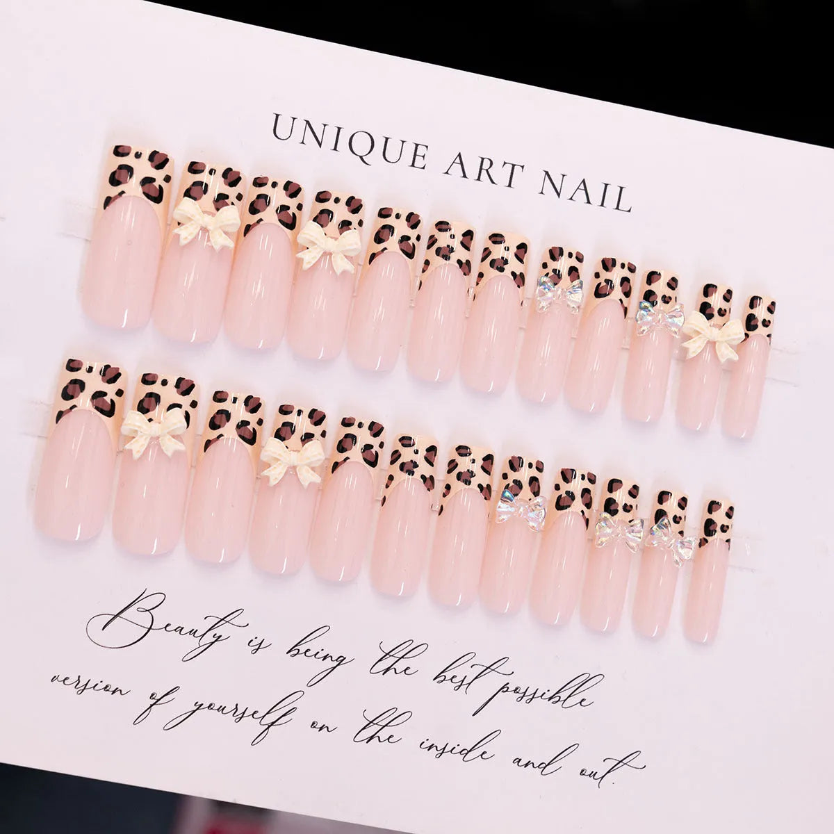 Leopard print butterfly design false nails set with 3D plastic decorations for women's nail art