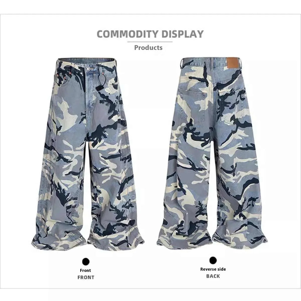 Snow camouflage blue loose-fit jeans showing mid-waist design and micro-elastic cotton denim fabric