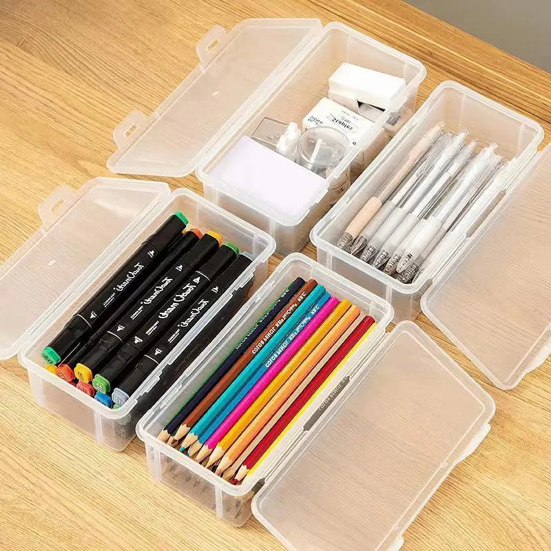 Clear plastic pencil storage box filled with coloured pencils and crayons