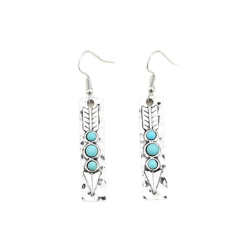 Retro silver alloy dangle earrings with long strip geometric shape and turquoise inlay