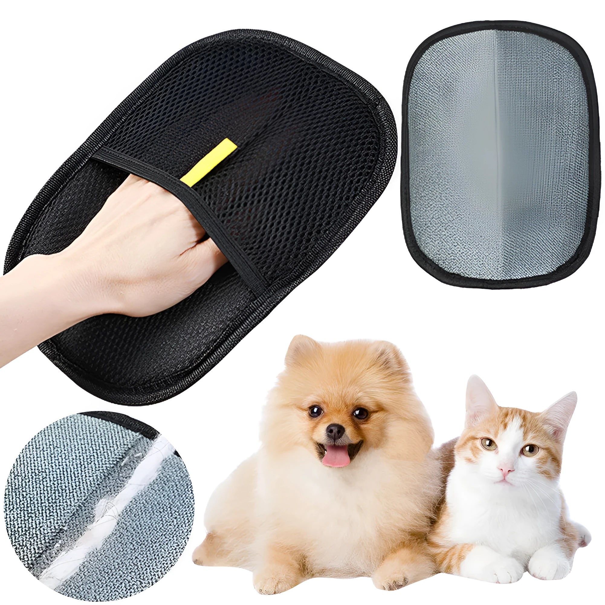 Black pet hair removal gloves with silicone bristles for deshedding dogs and cats