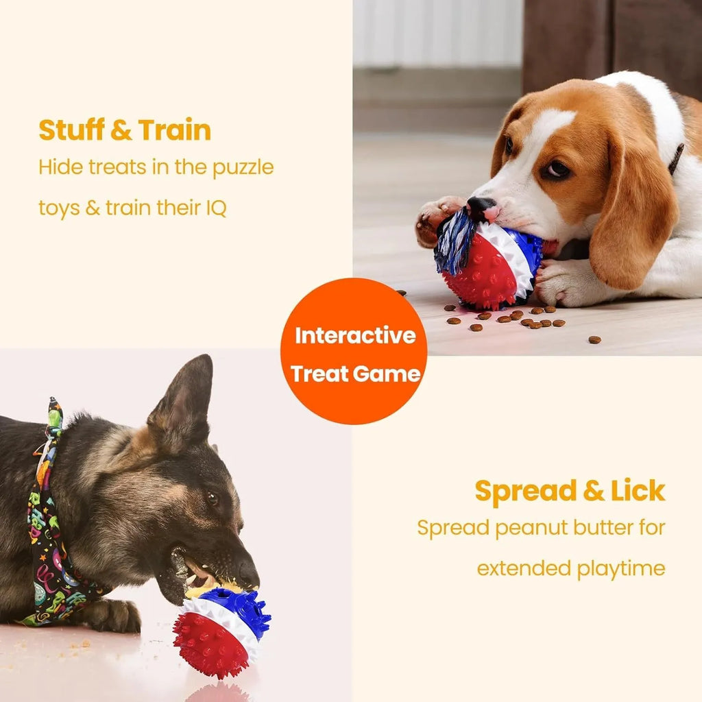 Blue and red TPR rubber dog chew toy with treat dispenser hole and textured surface.