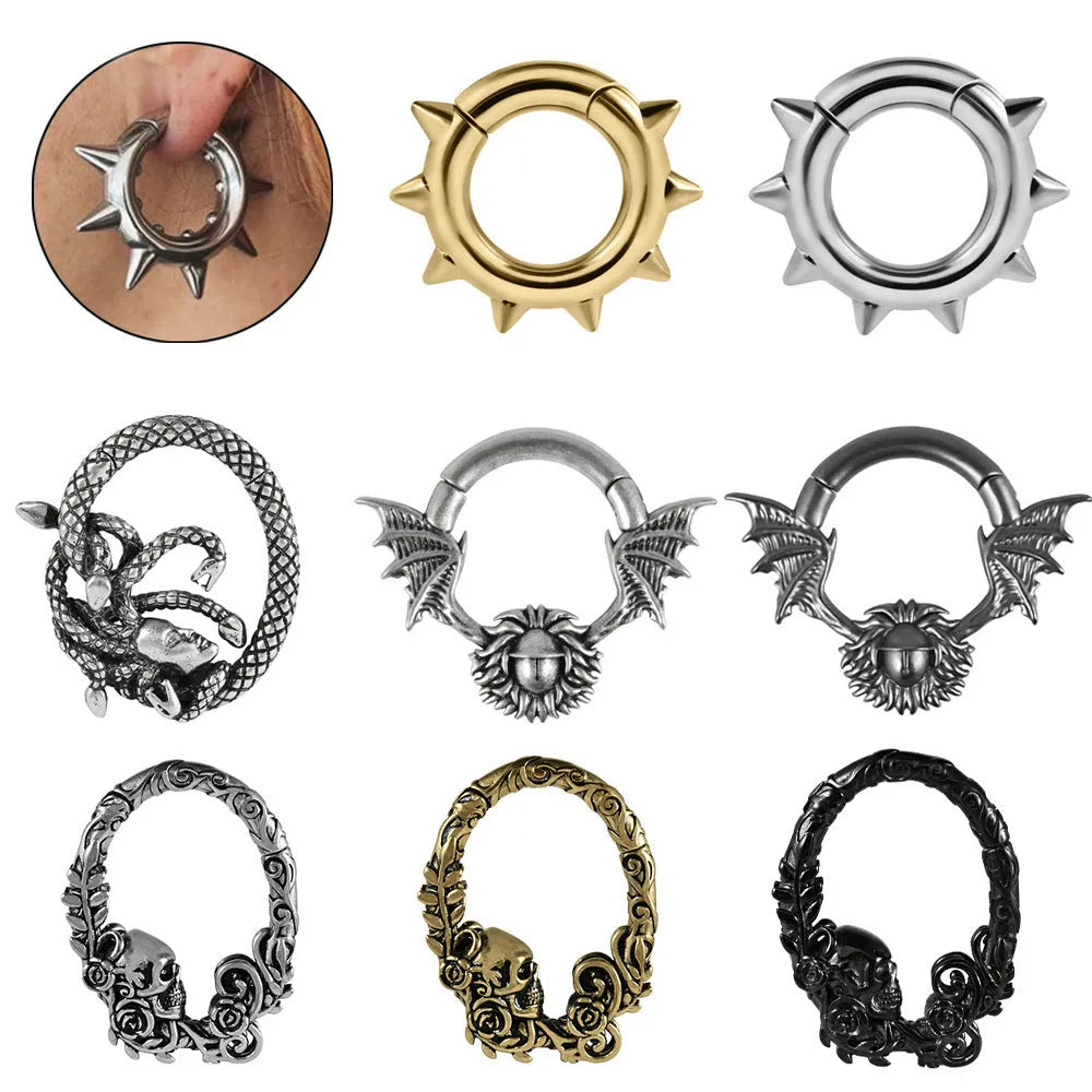Copper geometric sharp cone round magnet ear extenders on display, showing magnetic clasp and one of eight style variations.