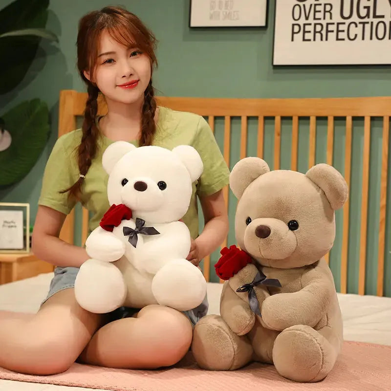 Rose bear plush teddy doll pillow in short plush fabric with PP cotton filling