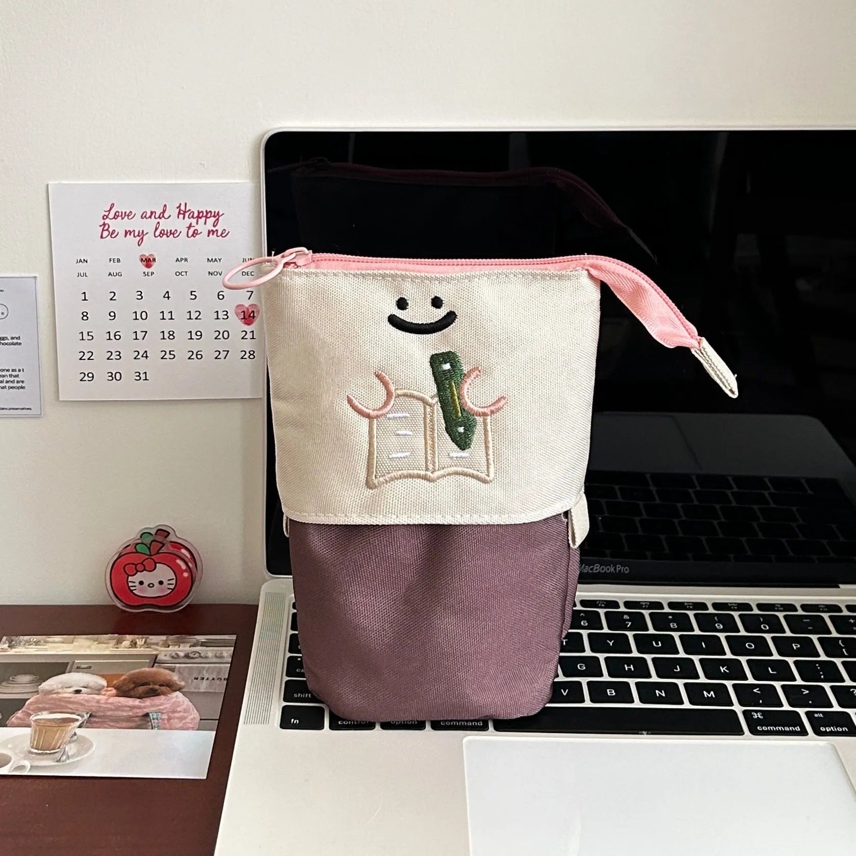 Cartoon Korean style collapsible pencil case in Oxford fabric showing brown and green colour options