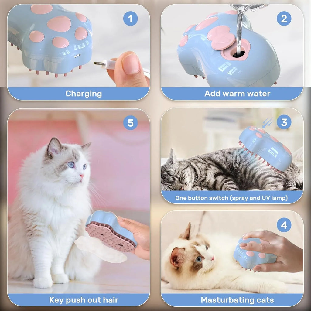 Self-cleaning cat steam brush with blue light and release button for pet grooming