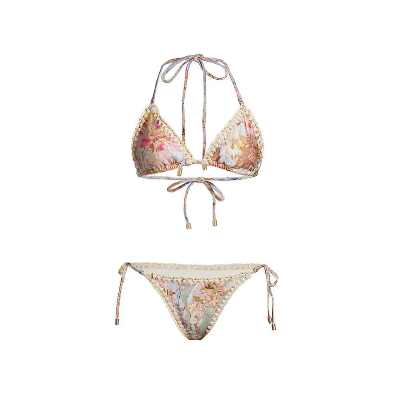 Women's floral bikini swimsuit set with removable skirt in creamy-white beige colour