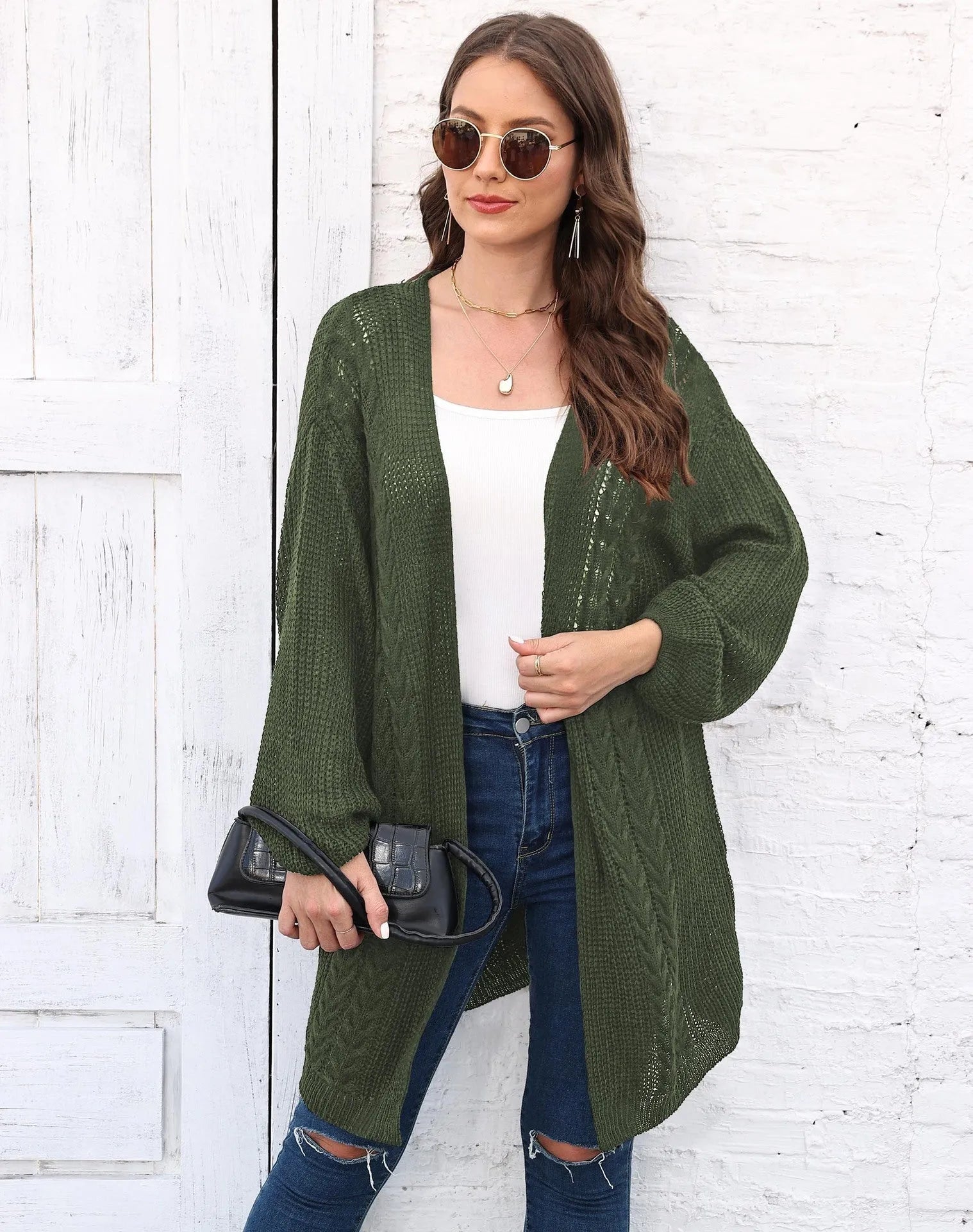 Women's loose acrylic sweater coat in solid colours including army green, black, brown, light grey, and rose red