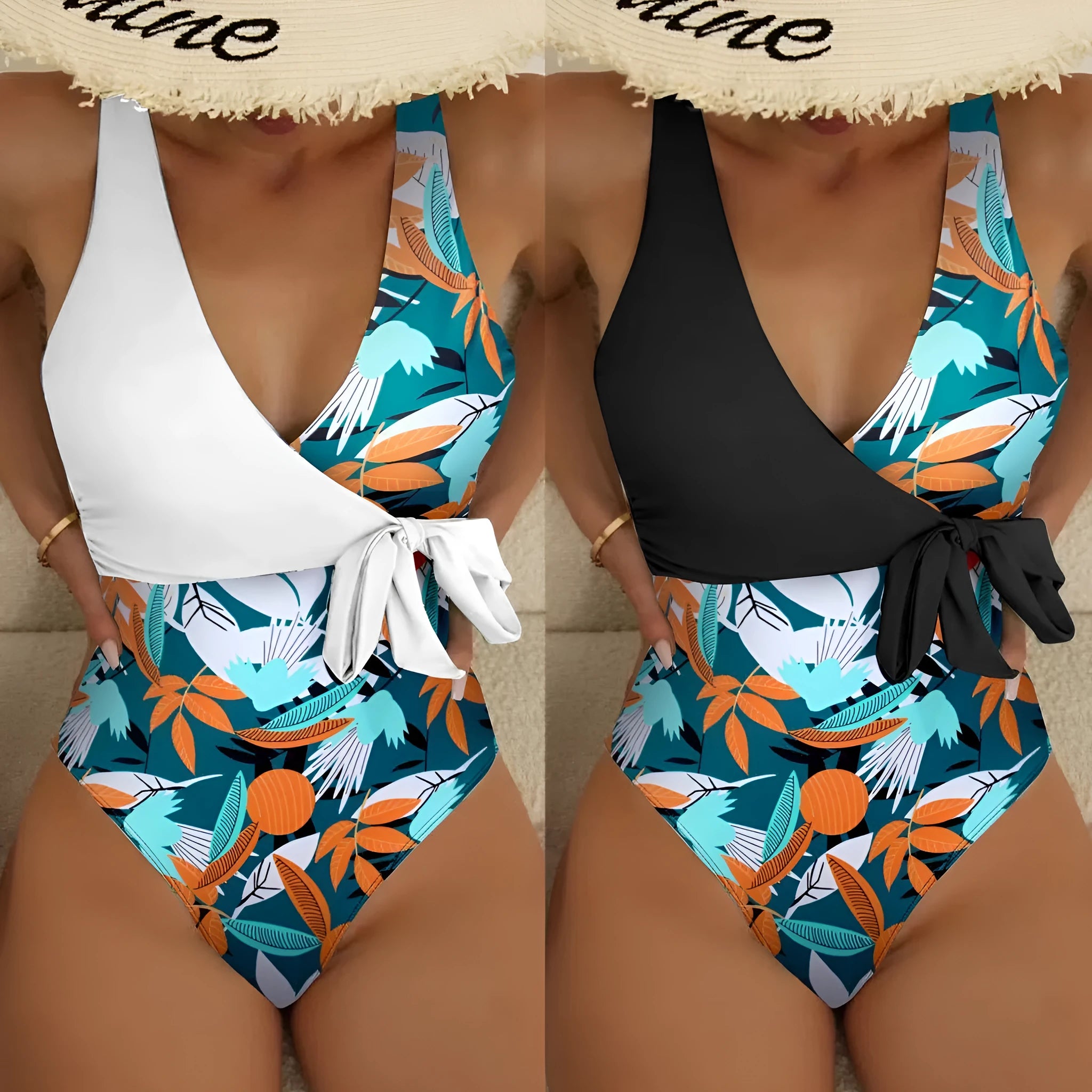 Women's high-waist one-piece swimsuit with printed pattern in quick-drying polyester fabric