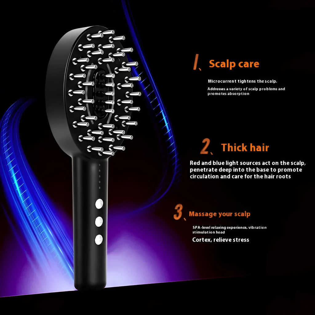 Black handheld scalp massage device with vibration function on a white background