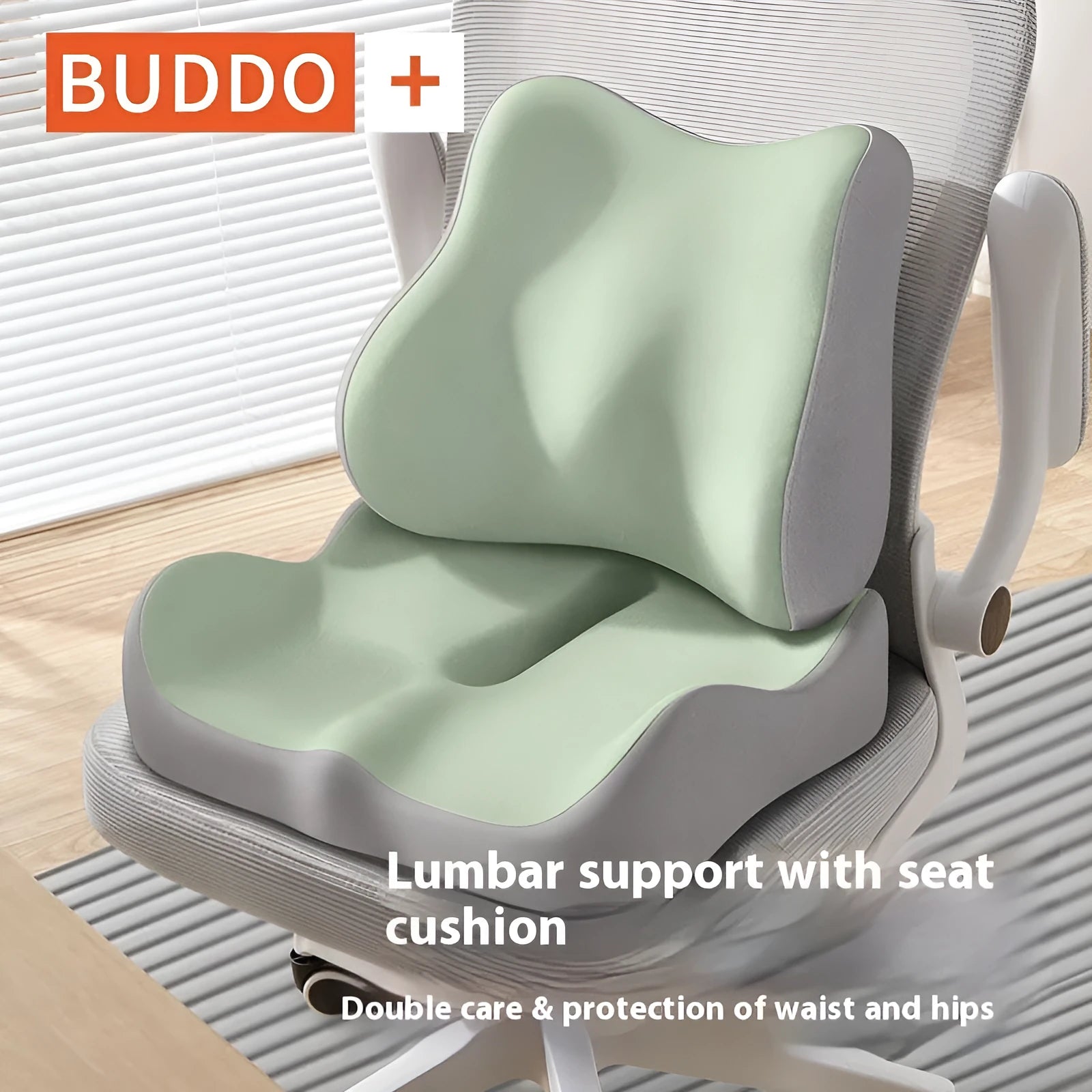 A waist rest seat cushion with memory foam filler for office use, shown in a blue and grey colour combination.